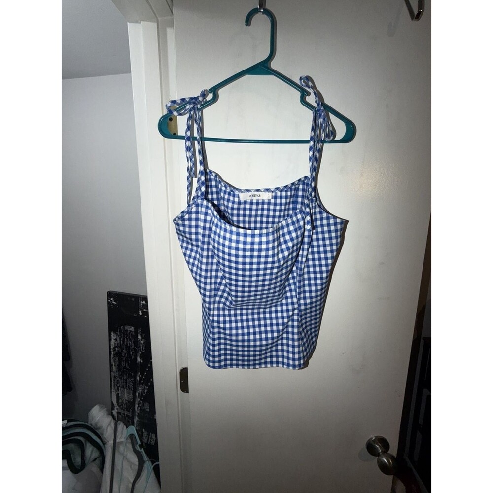 JustFab Blue and White Gingham Tie-Shoulder Tank Top